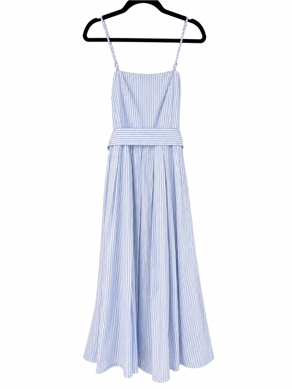 Blue and White Striped Maxi Dress with Belt and Spaghetti Straps